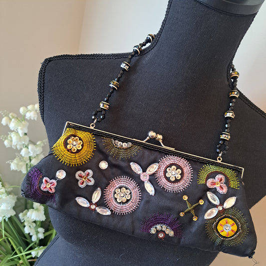 Jeweled and Sequin evening bag, purse vintage vibes. Beaded handle kiss closure