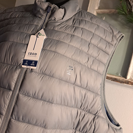IZOD Puffer Vest Men's 3XLT Quilted Grey Sleeveless Full Zip Pockets NWT
