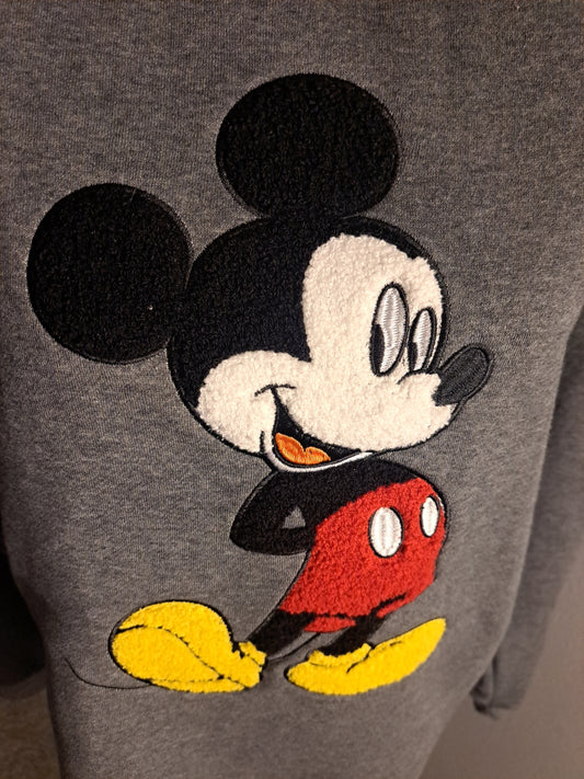 Disney Chenille Patch Print Mickey Character Super Soft Sweatshirt Size L Gray