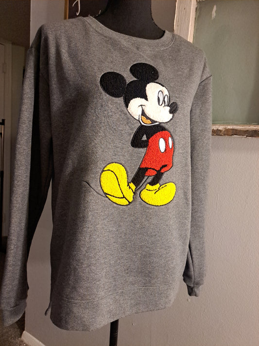 Disney Chenille Patch Print Mickey Character Super Soft Sweatshirt Size L Gray